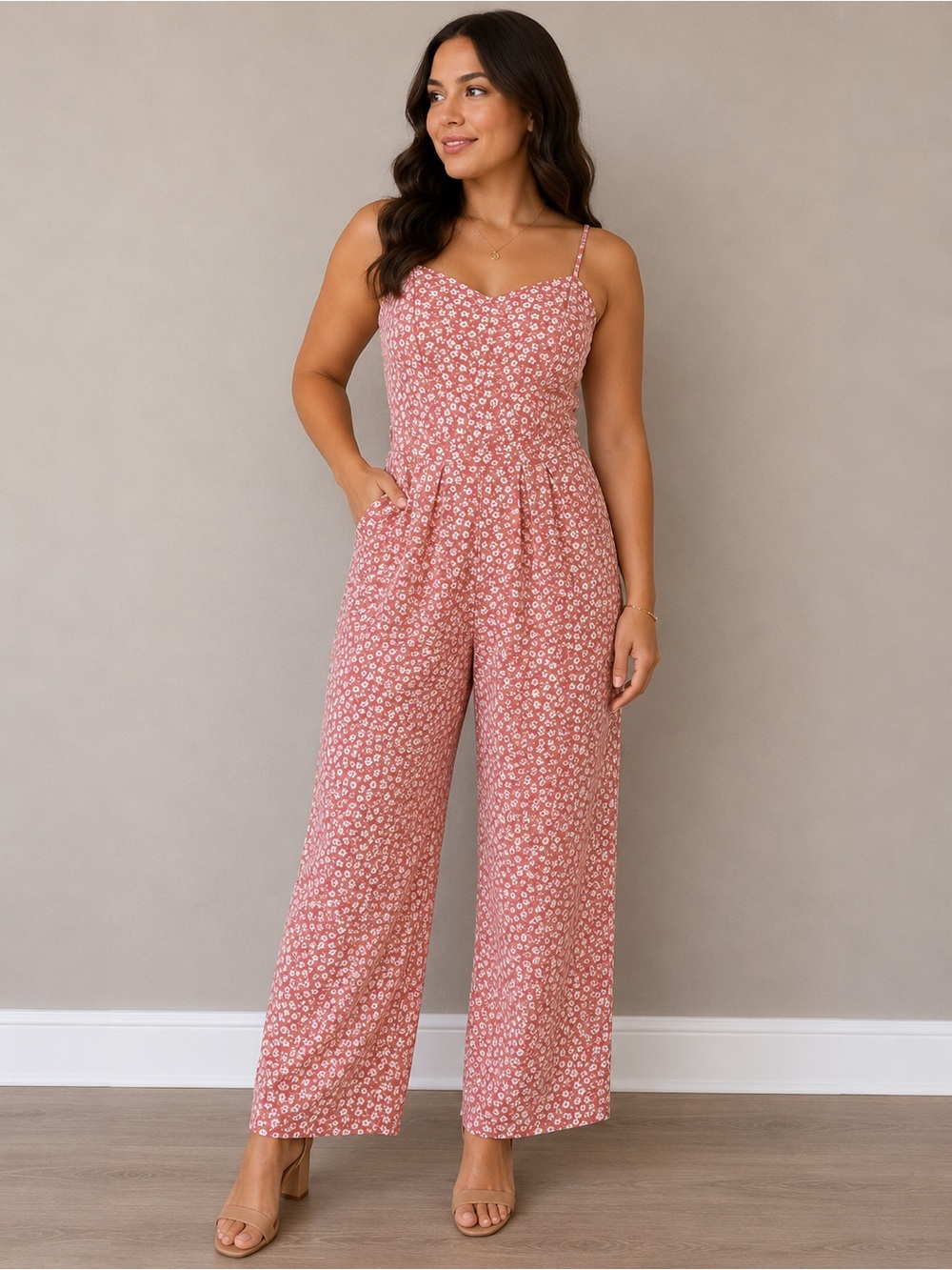 Honey and Rosie Pink Floral Spaghetti-Strap Jumpsuit